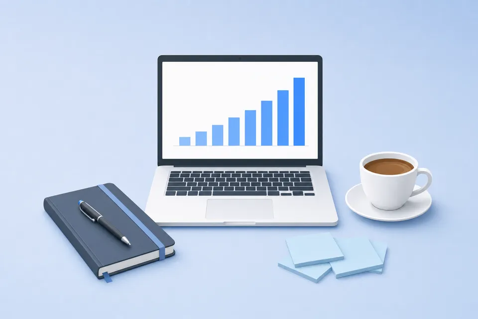 A laptop showing a rising bar chart, a notebook and pen, a cup of coffee and sticky notes