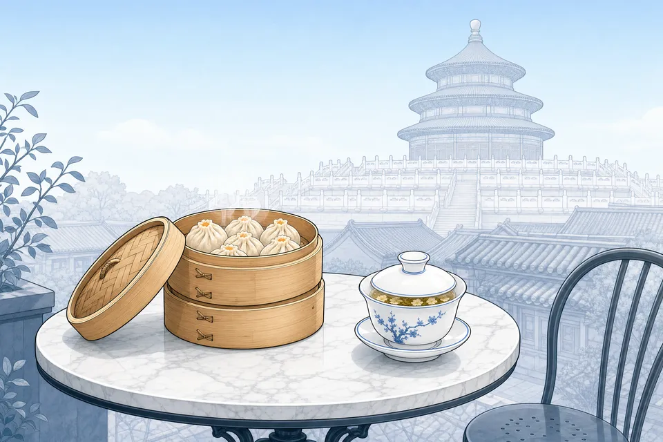 Bamboo steamers of dumplings and a gaiwan of jasmine tea on a marble café table, with the Temple of Heaven in Beijing behind