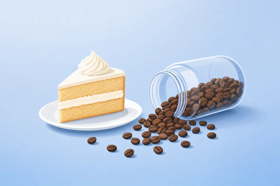A slice of cake on a plate beside a tipped-over jar spilling coffee beans