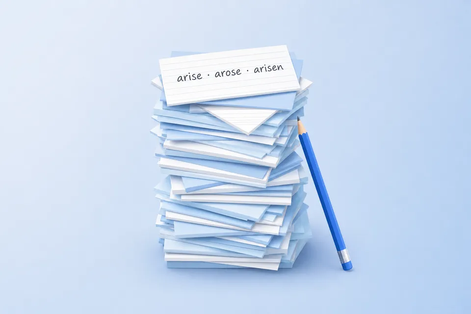 A tall stack of note cards, the top one reading arise · arose · arisen, with a blue pencil