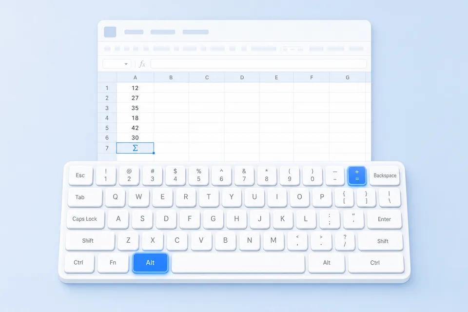 A spreadsheet with a sum cell above a keyboard with the Alt and = keys lit up in blue