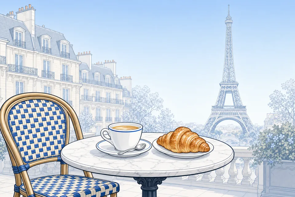 A café crème and a croissant on a marble bistro table beside a rattan chair, with Paris buildings and the Eiffel Tower behind