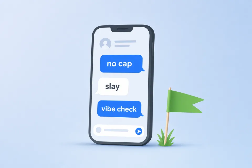 A phone showing chat bubbles reading no cap, slay and vibe check, beside a small green flag