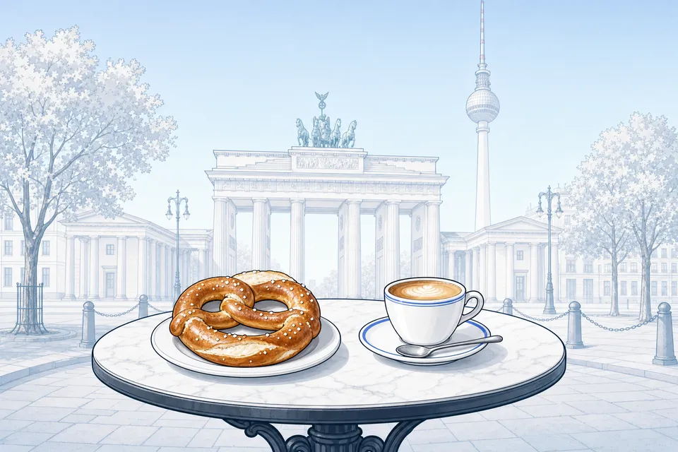 A pretzel and a cup of coffee on a marble café table, with the Brandenburg Gate and the Berlin TV tower behind