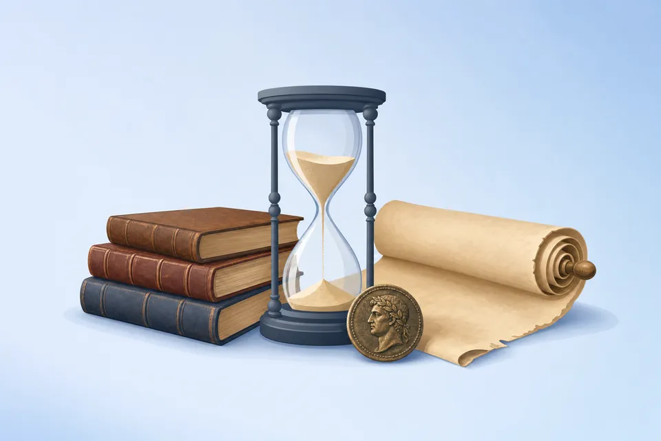 An hourglass, old leather-bound books, a parchment scroll and a Roman coin