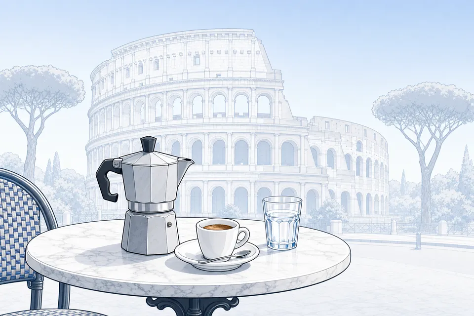 A moka pot, an espresso and a glass of water on a marble café table, with the Colosseum and stone pines behind