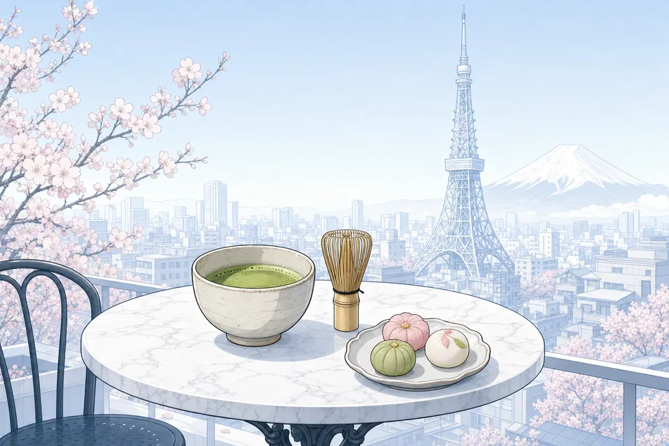 A bowl of matcha, a bamboo whisk and wagashi sweets on a marble café table, with cherry blossom, Tokyo Tower and Mount Fuji behind