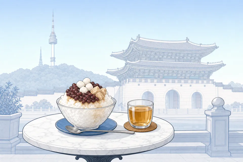A bowl of patbingsu and a glass of barley tea on a marble café table, with the gate of Gyeongbokgung palace and N Seoul Tower behind