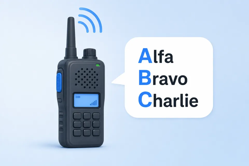 A walkie-talkie beside a speech bubble reading Alfa, Bravo, Charlie