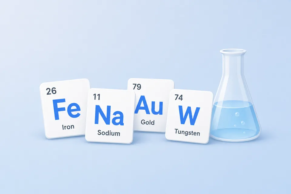 Element tiles for iron (Fe), sodium (Na), gold (Au) and tungsten (W) beside a flask of blue liquid