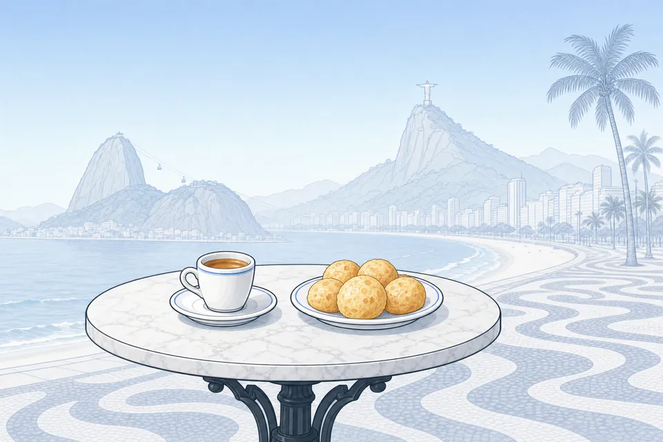 A small coffee and pão de queijo on a marble café table on the Copacabana promenade, with Sugarloaf Mountain and Christ the Redeemer behind