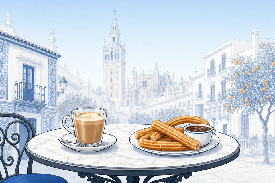 Café con leche and churros with hot chocolate on a marble café table, with whitewashed houses, orange trees and the Giralda of Seville behind