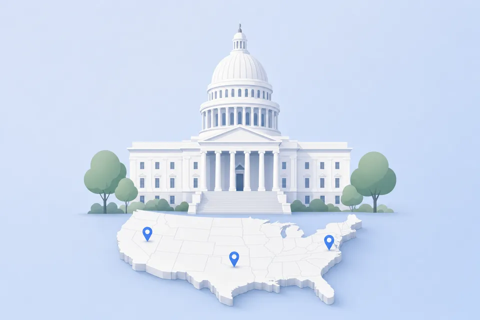 A white domed capitol building above a map of the United States with three blue pins