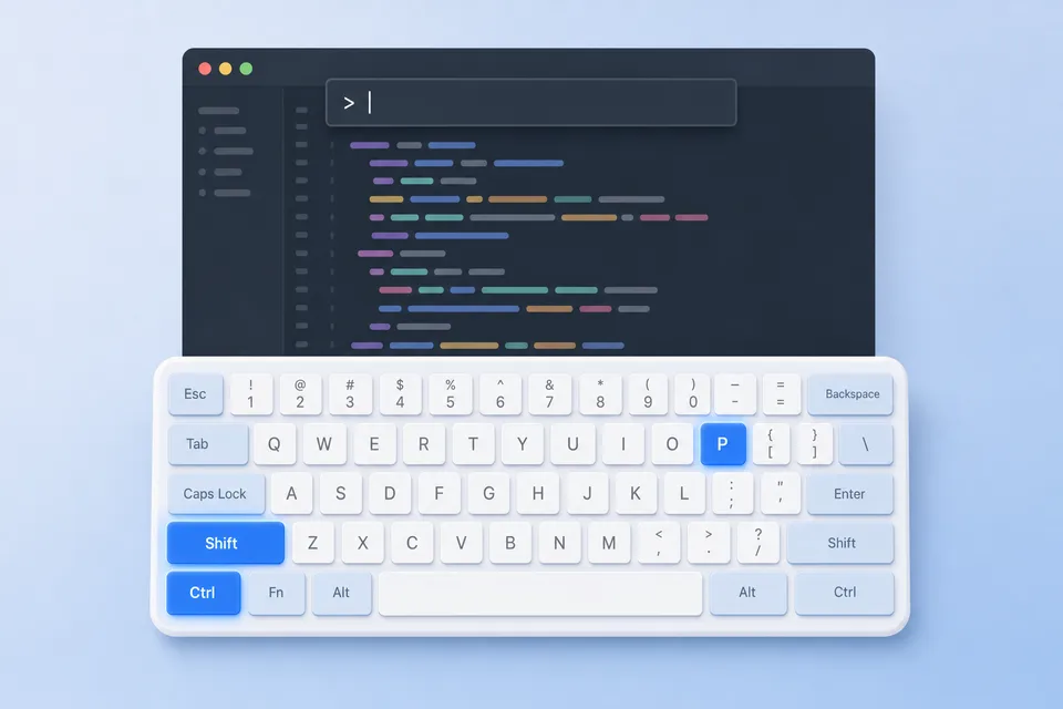 A code editor with its command palette open, above a keyboard with Ctrl, Shift and P lit up in blue