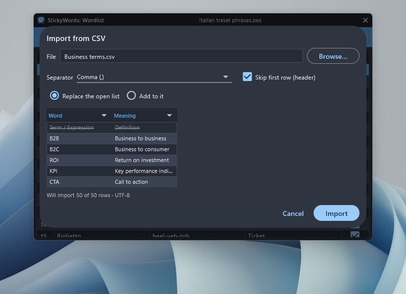 The StickyWords import dialog, its preview table headings doubling as mapping dropdowns