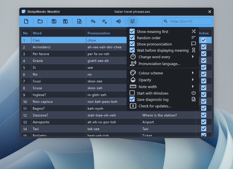 The StickyWords Options menu open over the word list, showing the rotation, reveal, colour scheme and opacity settings