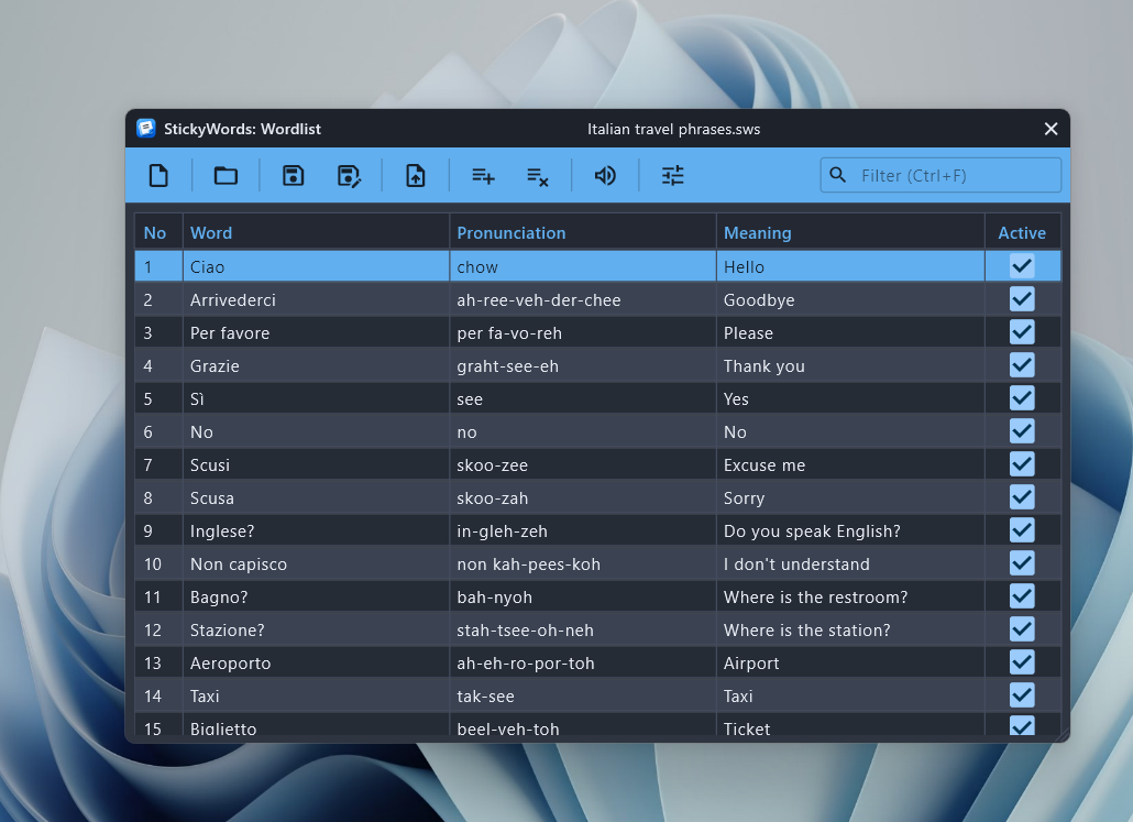 The StickyWords word list window, a grid of Italian travel phrases being edited in place